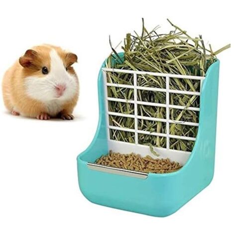 Distributeur de nourriture pour lapins, distributeur de foin, mangeoire pour lapins, cochons d' Inde et cobayes (bleu)