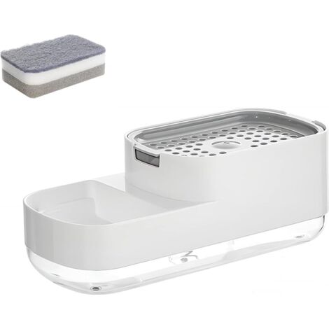Distributeur de savon 2 en 1 : porte-éponge, distributeur de savon, égouttoir, éponge incluse, à poser, à pression, accessoires de cuisine, évier.-AquaForge