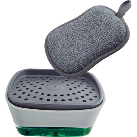 Distributeur de savon 2en1 Sponge Holder - Venteo - Distributeur Liquide Vaisselle - Porte éponge - Eponge pour évier de cuisine - Blanc et Gris - Contenance de 300 ml