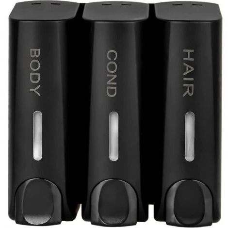 Distributeur de savon 3 en 1 noir mat pour gel douche, shampoing, après-shampooing, support mural