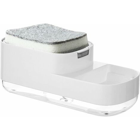 Distributeur de savon à vaisselle, distributeur de savon pour évier de cuisine, distributeur de liquide vaisselle 2 en 1 avec porte-éponge, équipé d'une éponge et adapté pour évier de cuisine (blanc)