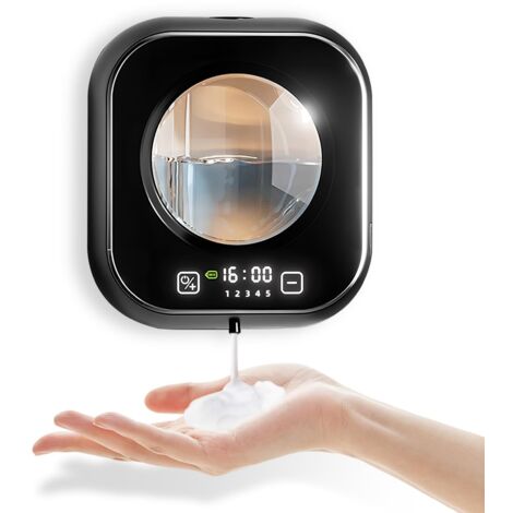 Distributeur de Savon Automatique, 320ml Distributeur Savon Mural Distributeur Savon Cuisine, avec Fenêtre Visuelle, 5 Niveaux, pour Cuisine, Salle de Bain, Ecole, Hôtel ((Mousse, Noir))