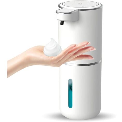 Distributeur De Savon Automatique Sans Contact Rechargeable USB 400ML Support Mural 4 Niveaux Capteur Réglable Pompe Étanche Blanc