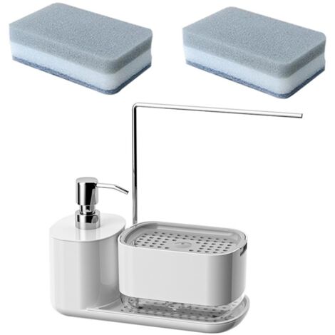 Distributeur de savon avec plateau et porte-éponge, distributeur de savon pour couverts et mains avec porte-torchon, organiseur d'évier, blanc pratique-AquaForge