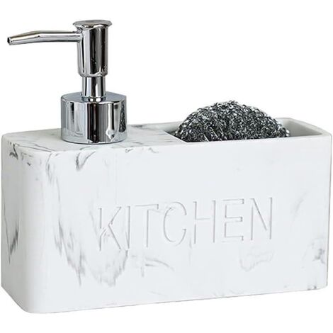 Distributeur de savon avec porte-éponge, motif marbre blanc, adapté aux étagères de cuisine, éviers, rangements, décoration de cuisine, blanc
