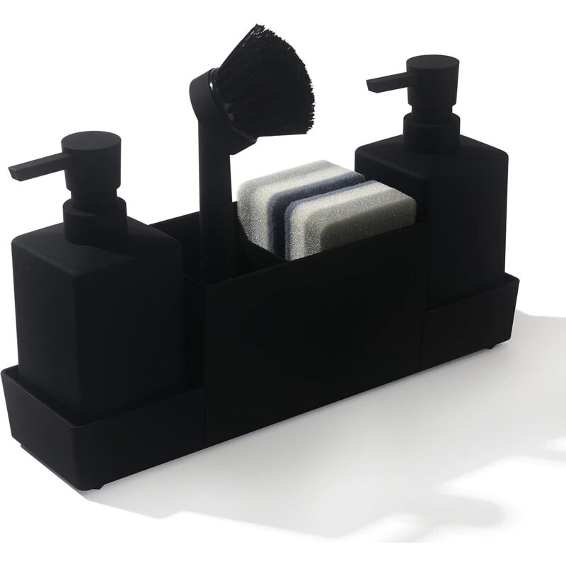 Distributeur de savon de cuisine noir avec porte-éponge pour évier, distributeur de liquide vaisselle, distributeur de liquide vaisselle 4 en 1 pour