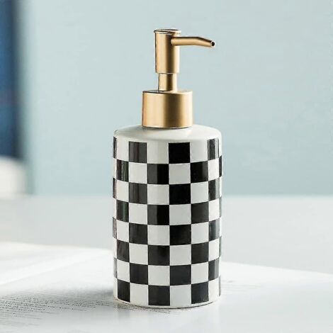 Distributeur de savon décoratif en céramique à carreaux noirs avec pompe en acier inoxydable doré mat.-AquaForge