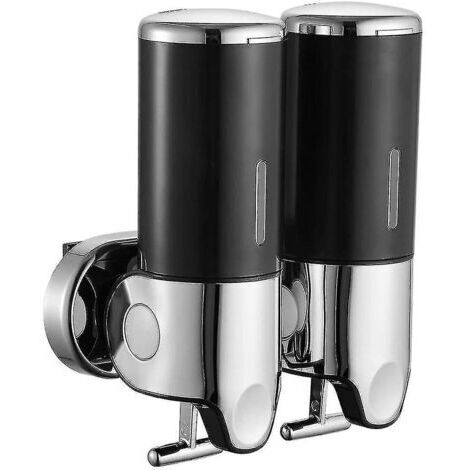 Distributeur de Savon Double Tête Montage Mural Distributeur Double Lotion Manuel Distributeur Désinfectant Mural Inox Distributeur Lavage Mains Chrome Rechargeable (noir)