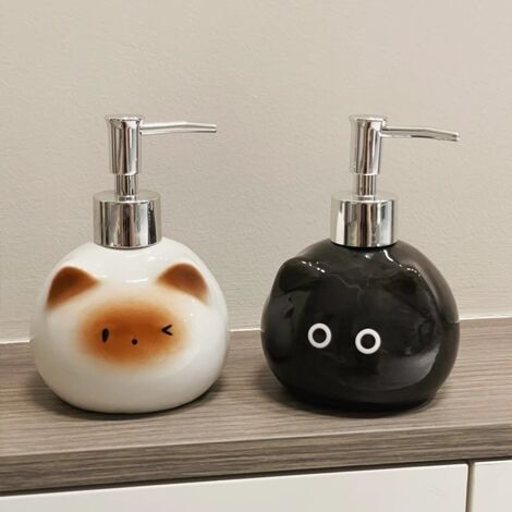 Distributeur de savon en céramique - Distributeur de savon noir en forme de chat, design œil de chat rond noir, bouton sur le flacon vide - 2 styles