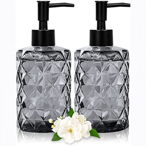 Distributeur de savon en verre polyvalent, ensemble distributeur de lotion et savon, lot de 2, 355 ml, design diamant pour une utilisation polyvalente, rechargeable et écologique-AquaForge