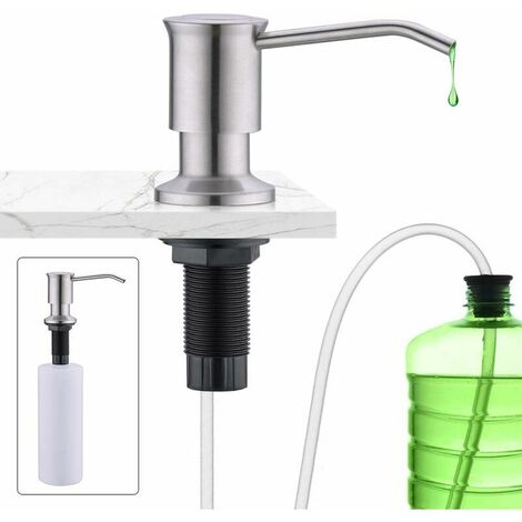 Distributeur de Savon Encastrable, Distributeur Savon Evier Cuisine Acier Inoxydable, Distributeur Savon Integre avec Bouteille 500ML et Ensemble de rallonge de 1,0 m, Recharge du Haut