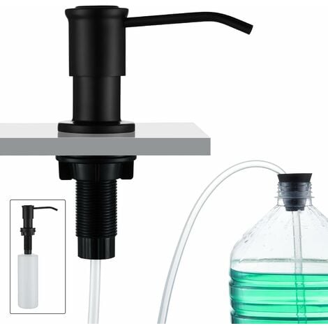 Distributeur de Savon Encastrable, Distributeur Savon Evier Cuisine, Distributeur Savon Integre avec Bouteille 500ML et Ensemble de rallonge de 1,0 m, Recharge du Haut, Noir