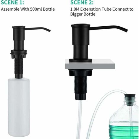 Distributeur de Savon Encastrable, Distributeur Savon Evier Cuisine, Distributeur Savon Integre avec Bouteille 500ML et Ensemble de rallonge de 1,0 m, Recharge du Haut, Noir