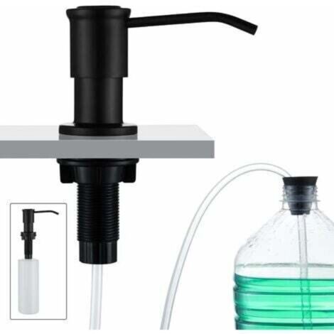 Distributeur de Savon Encastrable, Distributeur Savon Evier Cuisine, Distributeur Savon Integre avec Bouteille 500ML et Ensemble de rallonge de 1,0 m, Recharge du Haut, Noir