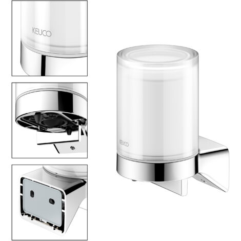 Distributeur de savon KEUCO Rose à coller ou percer, métal chromé avec verre satiné, contenance 180 ml, rechargeable, kit de collage inclus, pour gel, fixation murale, fabriqué en Allemagne.