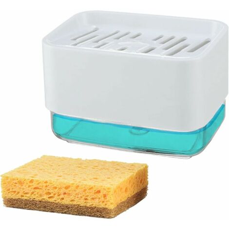 Distributeur de Savon Liquide Détergent pour Lave-Vaisselle Manuel Distributeur Distributeur en Plastique Support avec Éponge Incluse pour Évier de Cuisine (Nouveau Blanc)
