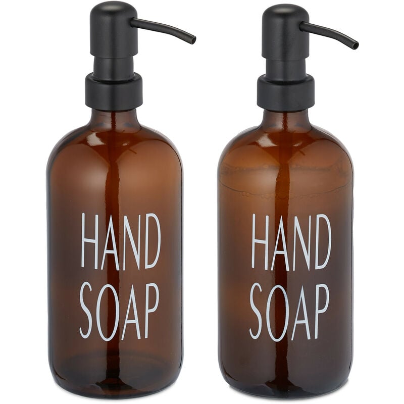 Distributeur de savon, lot de 2, porte-savon liquide, rechargeable, tête de pompe, inscription, 500 ml, marron - Relaxdays