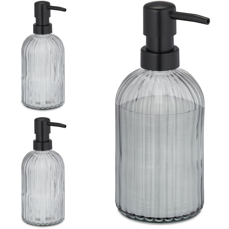 Distributeur de savon, lot de 3, porte-savon liquide, rechargeable, 400 ml, verre et plastique, noir - Relaxdays