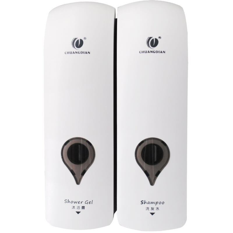Distributeur de savon manuel à double tête 300 ml x 2 sans perçage pour salle de bain, gel douche, shampoing liquide, blanc