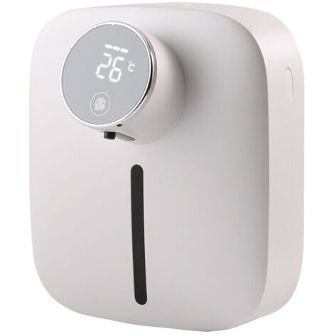 Distributeur de savon mousse, automatique, mural avec réservoir intégré, rechargeable, affichage de la température ambiante et du niveau de batterie, étanche IPX4, sans contact, blanc