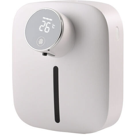 Distributeur de savon mousse, automatique, mural avec réservoir intégré, rechargeable, affichage de la température ambiante et du niveau de batterie, étanche IPX4, sans contact, blanc