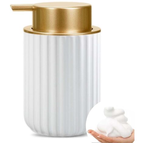 Distributeur de savon mousse en céramique blanche de 325 ml avec pompe dorée (Blanc Or)