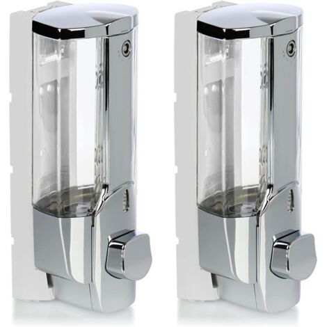 Distributeur de savon mural 2x Rechargeable 380ml Installation facile avec vis et chevilles Pour gel douche et lotions (chromé)