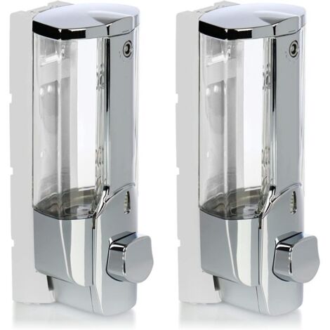 Distributeur de savon mural 2x Rechargeable 380ml Installation facile avec vis et chevilles Pour gel douche et lotions (chromé)