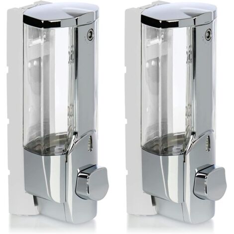 Distributeur de savon mural 2x – Rechargeable 380ml – Installation facile avec vis et chevilles – Pour gel douche et lotions (chromé)
