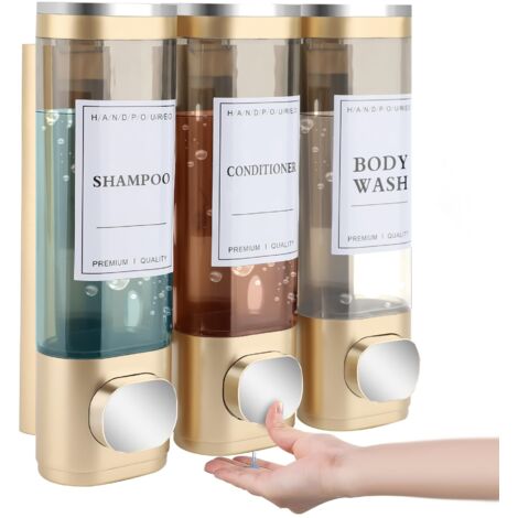 Distributeur de Savon Mural, Distributeur Gel Douche, Distributeur Triple de Shampoing et Après-shampoing sans Perçage ABS pour Salle de Bain Cuisine Marché Hôtel Restaurant 300ML3(Or)