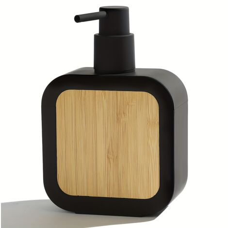 Distributeur de savon noir avec détails en bambou, convenant aux salles de bains et aux cuisines.-AquaForge