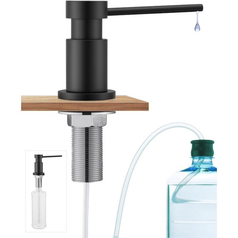 Distributeur de Savon Noir Encastrable pour Cuisine, Distributeur Liquide Vaisselle Durable avec Écrous en Acier inox 304(sans Plastique), Bouteille