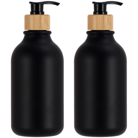 Distributeur de Savon Noir, Lot de 2 - Distributeur de Savon Liquide pour Salle de Bain avec Pompe en Bambou - Ensemble Distributeur de Savon pour les Mains et de Liquide Vaisselle en Plastique pour C