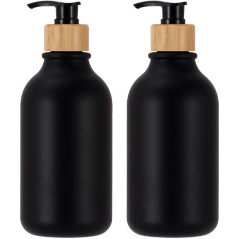 Distributeur de savon noir,lot de 2 distributeurs de savon pour les mains avec pompe en bambou, ensemble distributeur en plastique