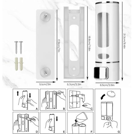 Distributeur de savon - Pompe de douche murale simple de 400 ml, rechargeable pour gel douche et lotion liquide. Récipient et organiseur pour salle de bain et cuisine.-AquaForge