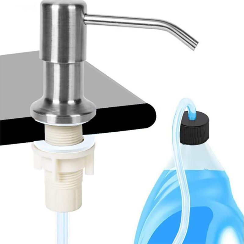 Distributeur de savon pour évier de cuisine, distributeur de liquide vaisselle encastré en acier inoxydable avec tuyau d'extension en silicone de 1,0
