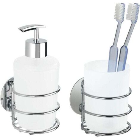 Distributeur de savon  Turbo-Loc chrome blanc 7,5 cm accessoires salle de bain porte-brosse à dents mural fixation sans perçage support mural salle de bain porte-gobelet salle de bain turbo-loc