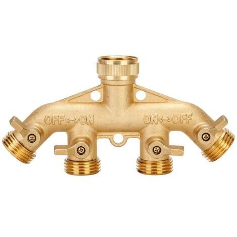 Distributeur de tuyau 3/4 pouces GHT Distributeur de tuyau d'arrosage Adaptateur de douille de tuyau en laiton robuste à 4 voies Connecteur d'adaptateur de tuyau d'arrosage