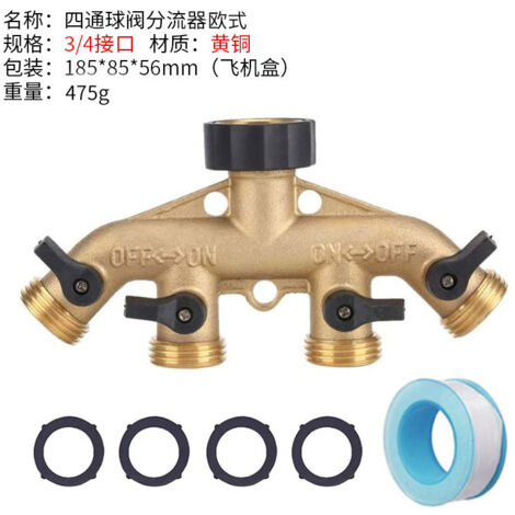 Distributeur de tuyau de jardin en laiton robuste 4 voies, connecteur de tuyau 3 / 4, adaptateur de robinet de tuyau avec 4 Valves