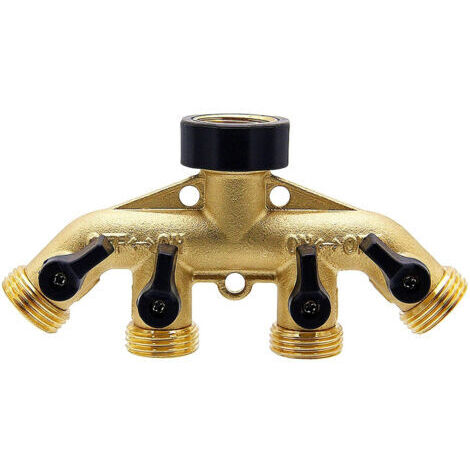 Distributeur de tuyau en laiton à 4 voies, connecteur adaptateur de tuyau d'arrosage de 3/4 pouce, adaptateur de robinet de tuyau avec 4 vannes