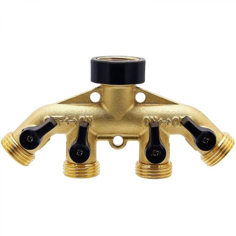 Distributeur de tuyau en laiton à 4 voies, connecteur adaptateur de tuyau d'arrosage de 3/4 pouce, adaptateur de robinet de tuyau avec 4 vannes