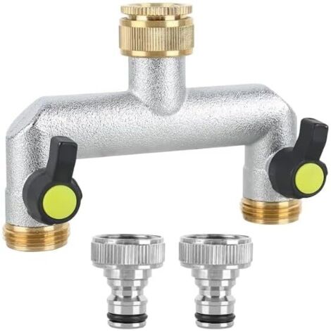 Distributeur d'eau 2 voies pour robinet - Adaptateur 3/4 - Double raccord d'eau de jardin - Adaptateur 3/4" - Avec robinet à boisseau sphérique pour régler et fermer le débit d'eau