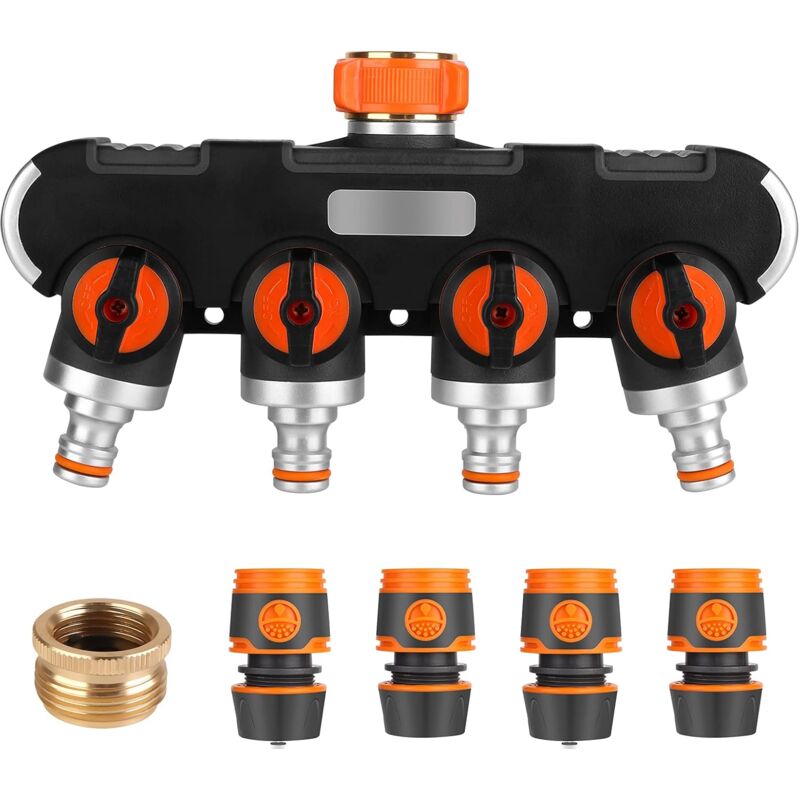 KZQ - Distributeur d'eau à 4 voies - Distributeur d'eau 3/4' et 1/2' avec valve de robinet, connectez deux appareils simultanément, débit d'eau