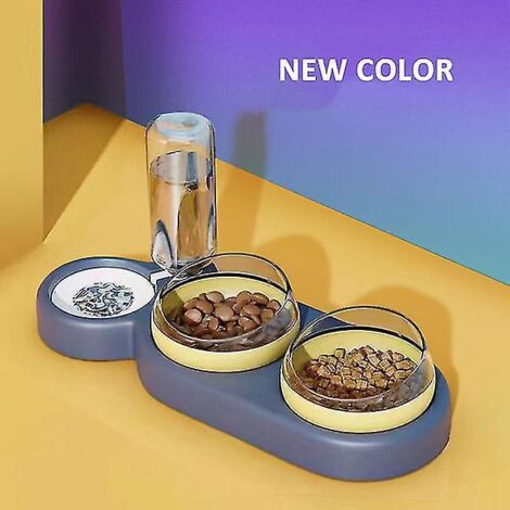 Distributeur d'eau automatique pour chat, gamelle double avec abreuvoir intégré, jaune et bleu.