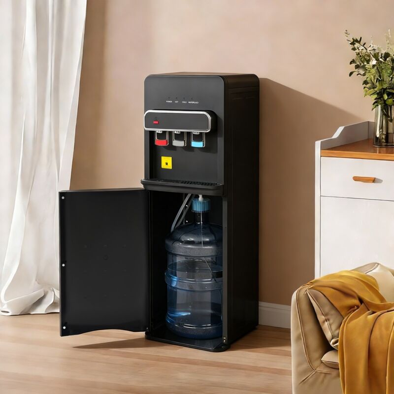 Distributeur d'eau électrique de 19 litres (eau chaude et froide), modèle sur pied, avec réservoir placé en bas et remplissage par le fond, noir
