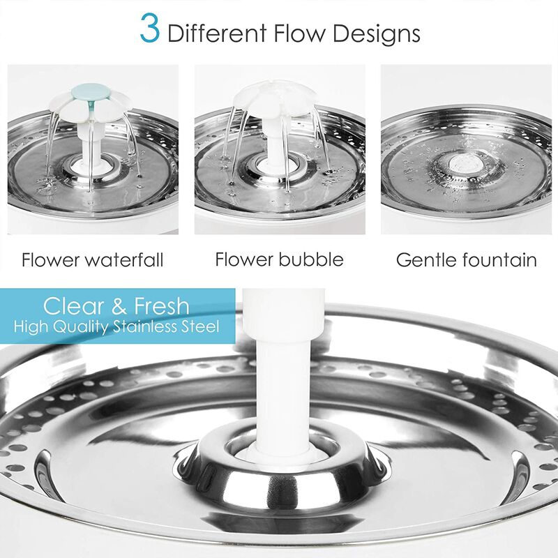 Distributeur d'eau pour animaux de compagnie avec couvercle supérieur en acier inoxydable Fenêtre de niveau d'eau 2,4 L Ultra-silencieux 3 méthodes