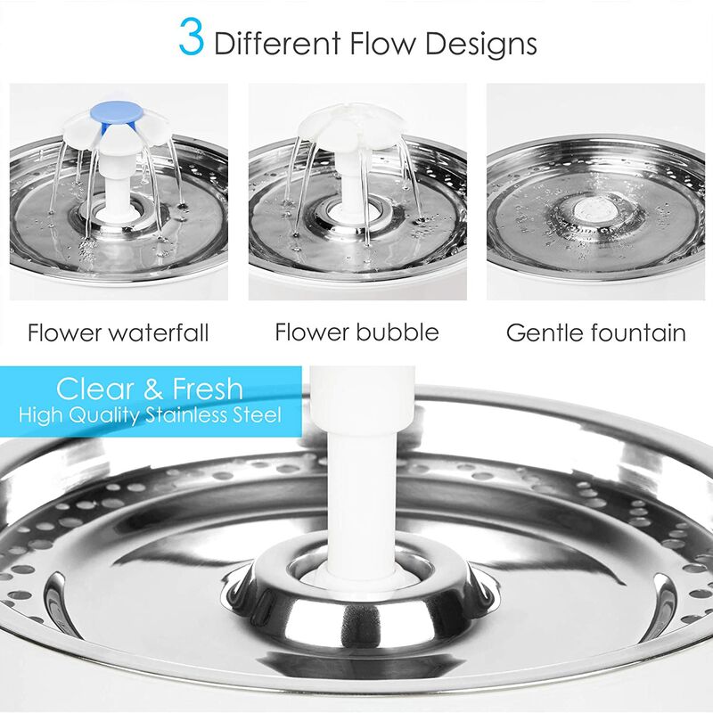 Distributeur d'eau pour animaux de compagnie avec couvercle supérieur en acier inoxydable Fenêtre de niveau d'eau 2,4 L Ultra-silencieux 3 méthodes
