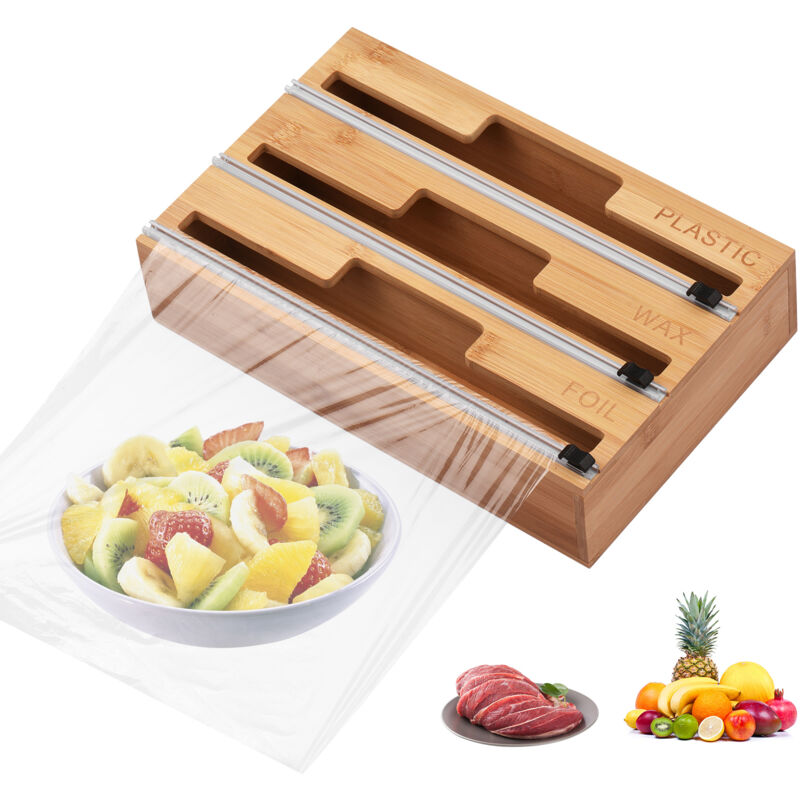 Lifcausal - Distributeur d'emballage 3 en 1 avec coupe-papier coulissant, distributeur de papier ciré en aluminium et film plastique pour tiroir de