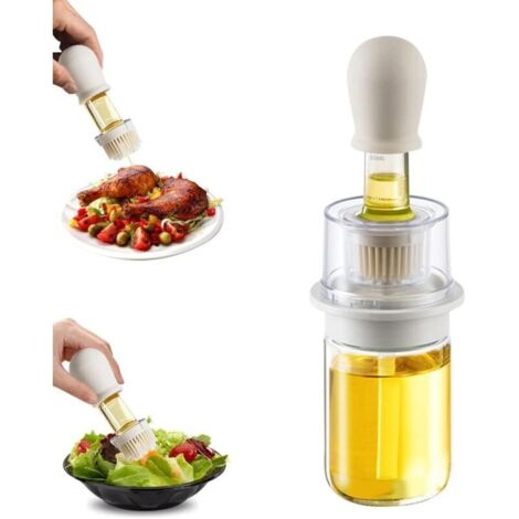 Distributeur d'huile avec brosse 2 en 1 180 ml Distributeur d'huile d'olive et bouteille de vinaigre avec pinceau à pâtisserie en silicone pour cuisine barbecue salade cuisson au four (Blanc)1pcs