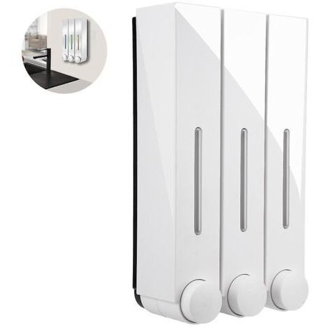 Distributeur et organisateur de pompe de douche murale à 3 têtes pour salle de bain - Contient shampooing, savon, revitalisant, gel douche, lotion - Chambres transparentes, Push-bu (blanc)